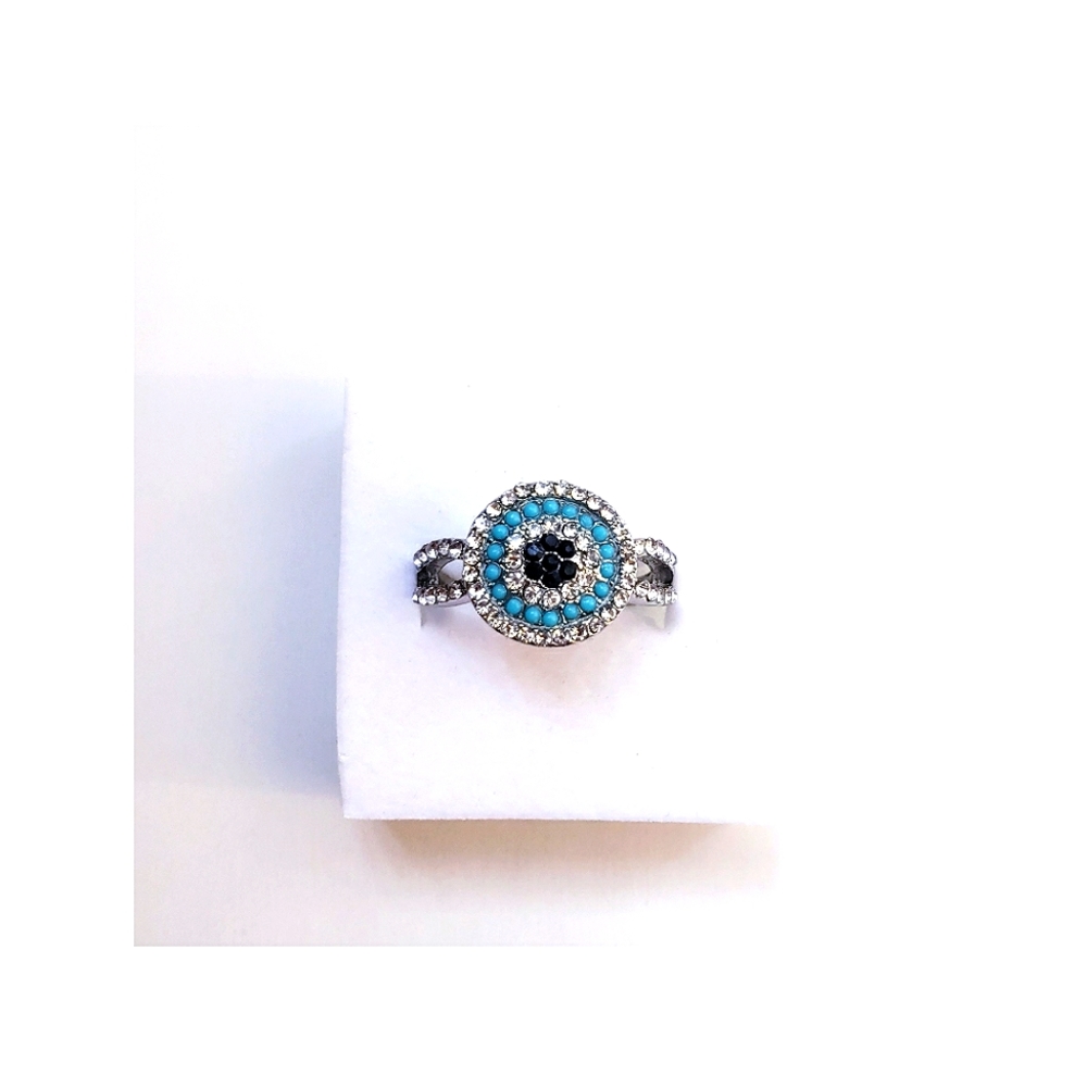 Turquoise Beaded & Crystal & Black Rhinestone Silver Tone Ring